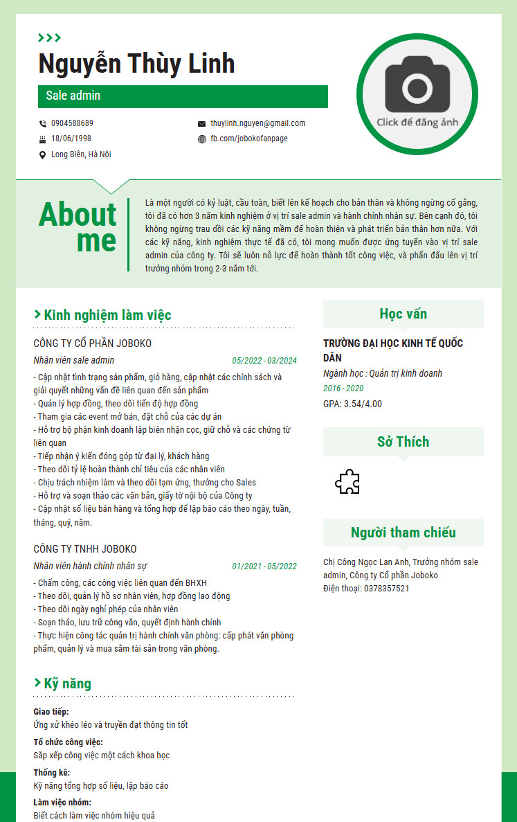 mau cv xin viec sales admin chuan