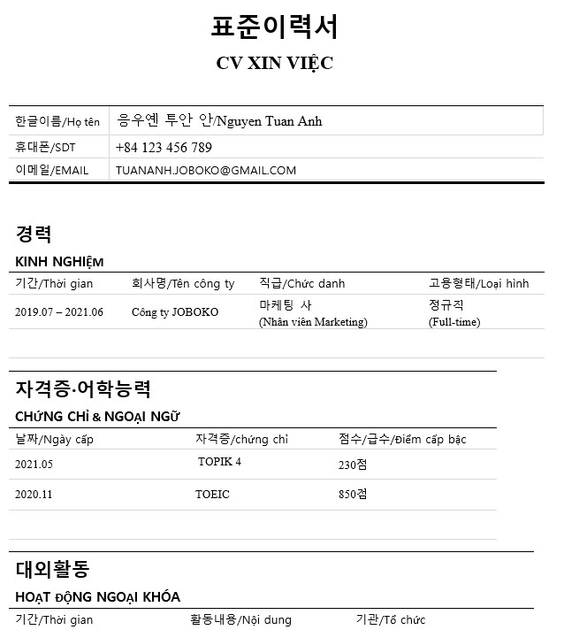 cv xin viec tieng han