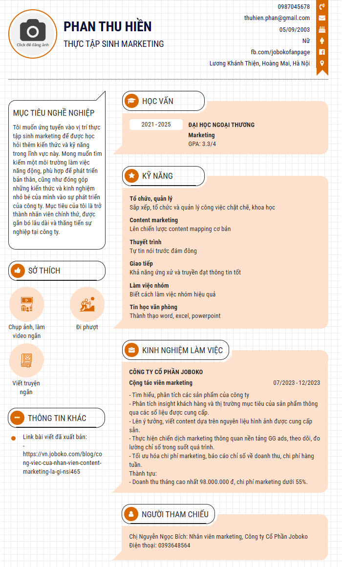mau cv thuc tap sinh marketing cho sinh vien