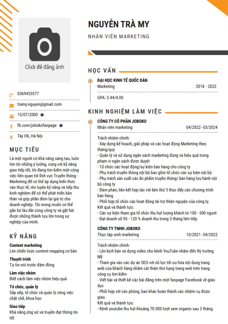 Mẫu CV marketing