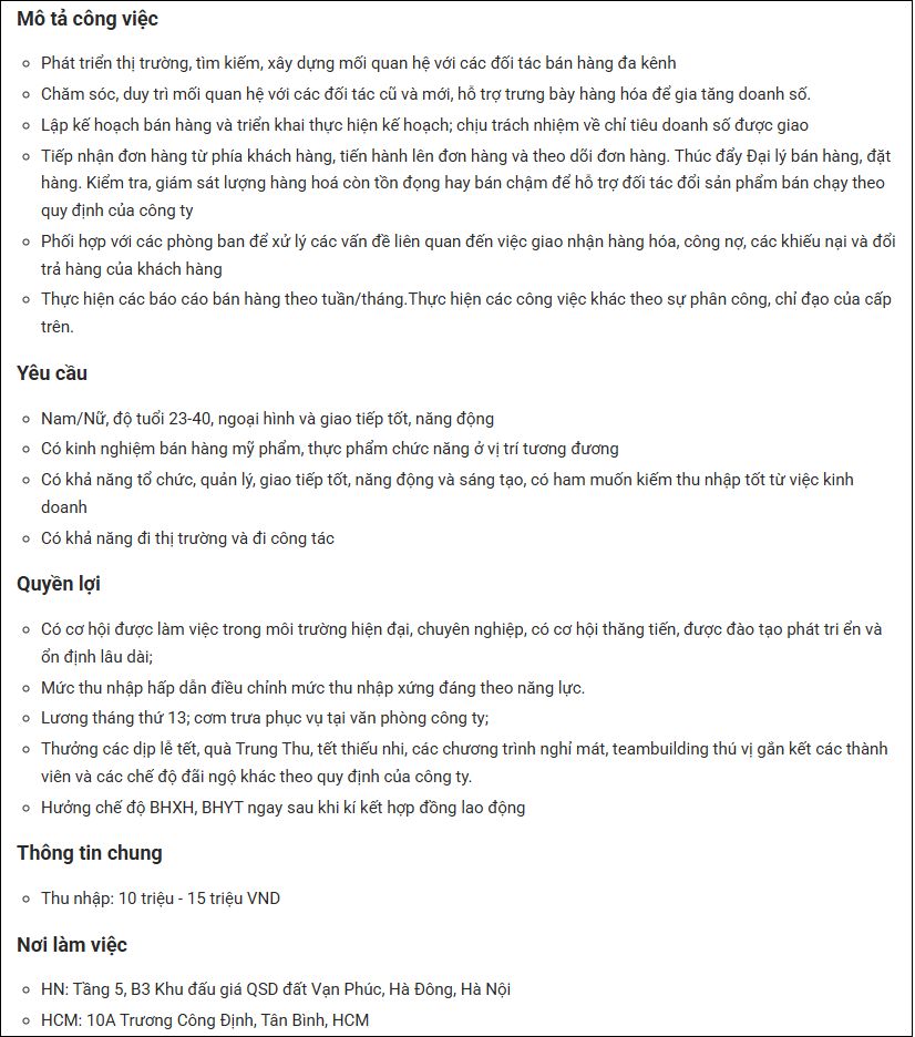 Mẫu mô tả công việc nhân viên kinh doanh mỹ phẩm