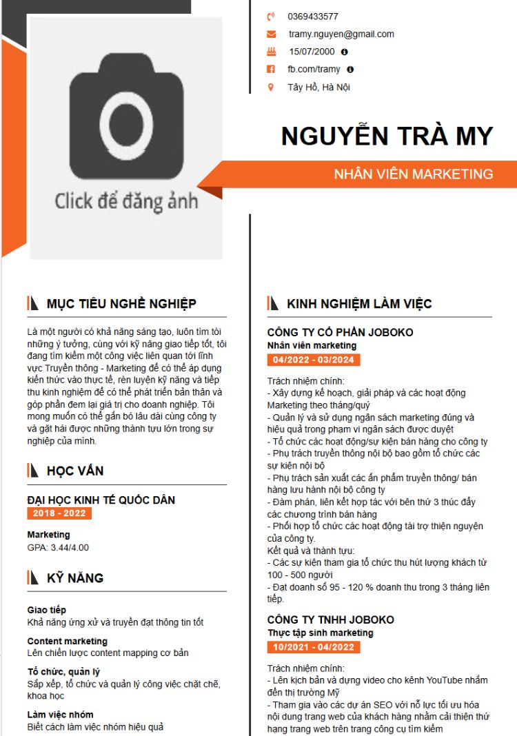 Mẫu CV Marketing