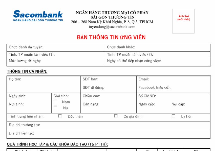 mau cv sacombank
