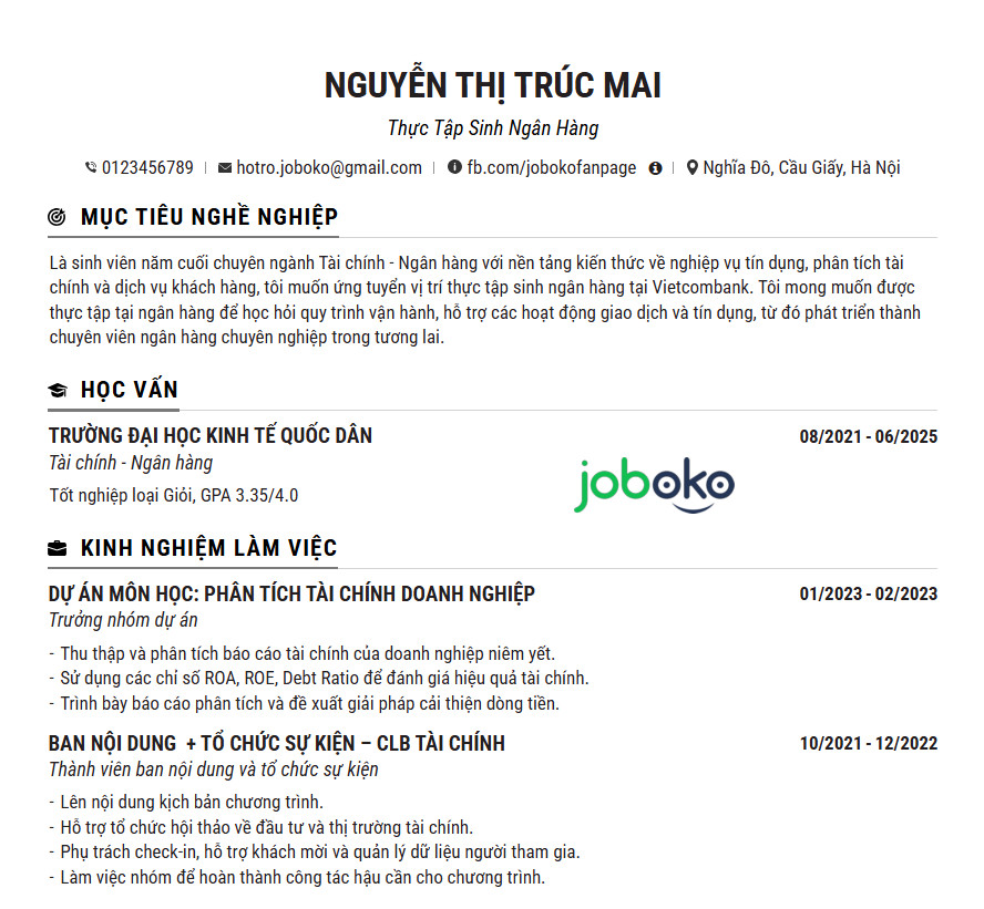Mau CV thuc tap sinh ngan hang