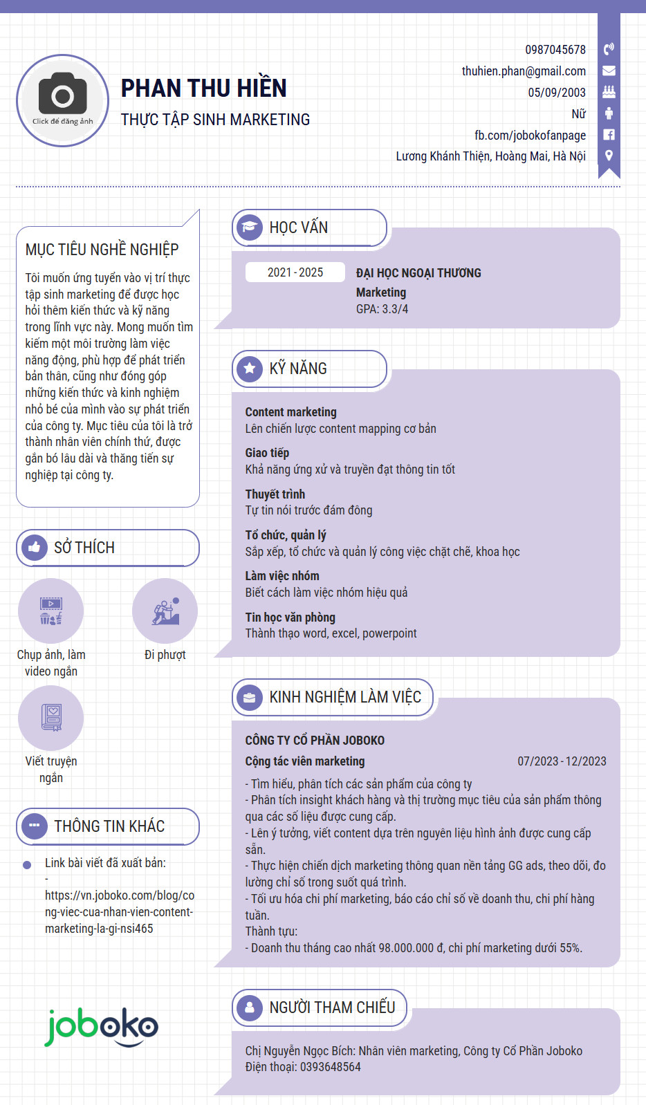 mau cv thuc tap sinh marketing