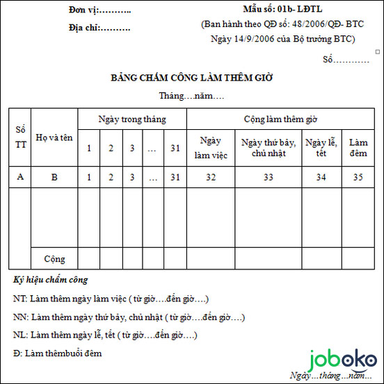 Mẫu bảng chấm công làm thêm giờ chuẩn bằng Word, cách lập bảng chấm ...