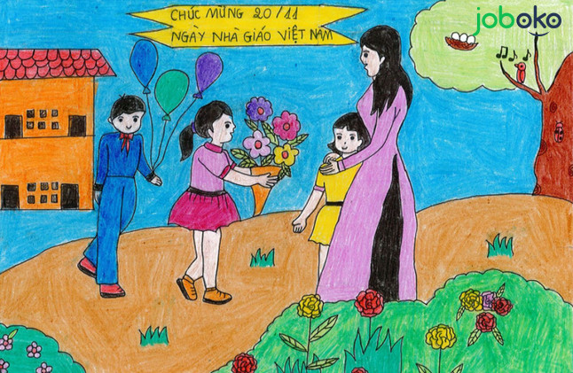 Tranh vẽ cô giáo và học sinh đẹp, ý nghĩa kỷ niệm ngày 20/11 - Joboko