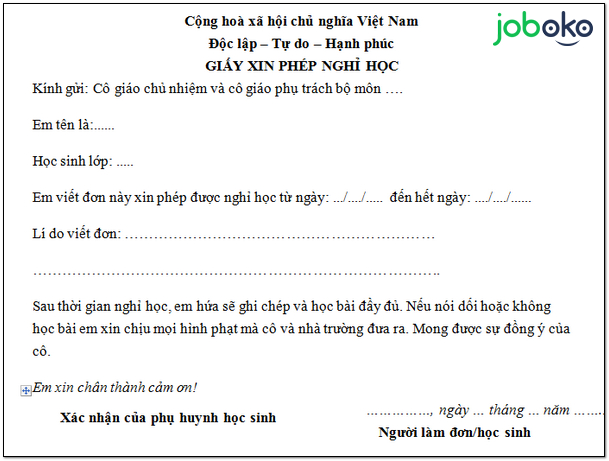 Mau don xin nghi hoc chuan cho hoc sinh sinh vien